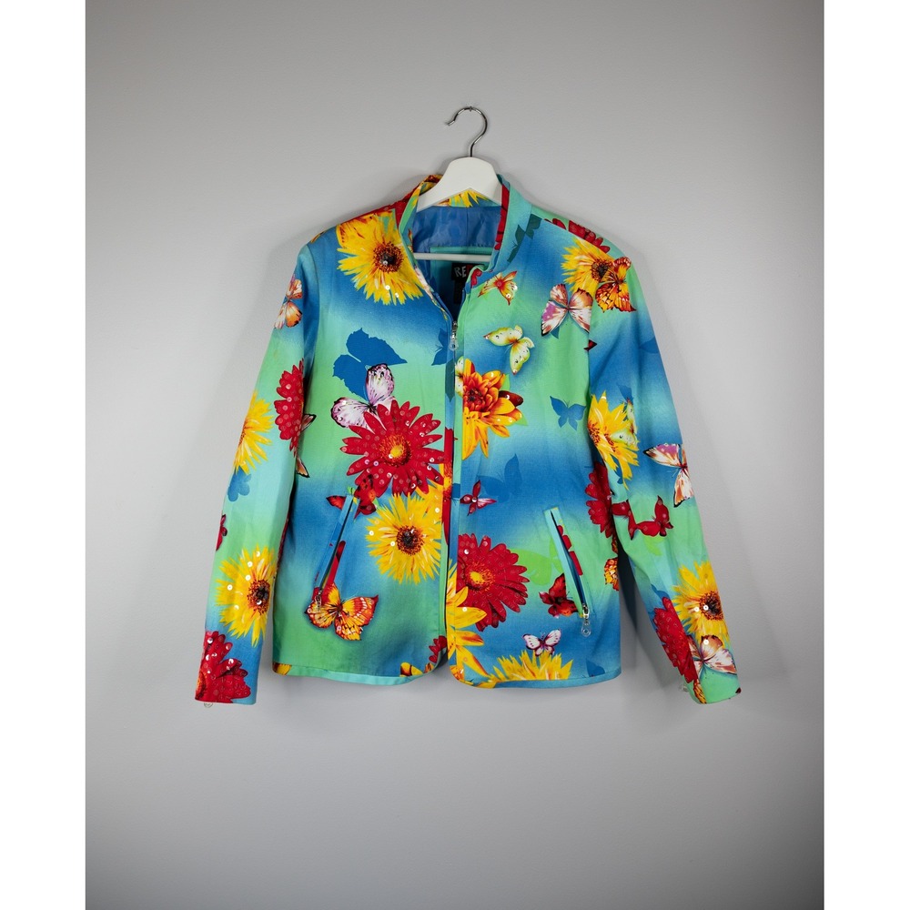 Vintage Redd Jeans Jacket Womens 10 Blue Floral Butterfly Sequin Zip Up y2k